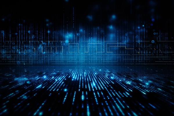 Blue dynamic digital data streams, showcasing flowing lines of code in a mesmerizing pattern, ideal