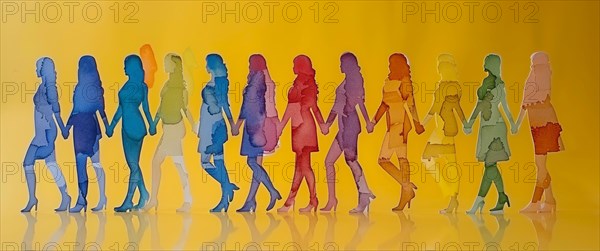 Silhouettes of women forming a color gradient from yellow to purple symbolizing progression and