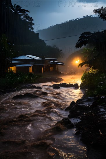 Heavy rainfall pouring on an already saturated ground leading to mudslides captured in a stormy