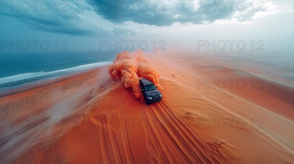 Black suv Car speeding on desert dunes, trailing vivid orange smoke, near the sea coast, ai