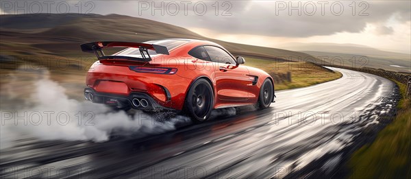 A red sports car speeding down a wet mountain road, emitting a trail of steam, preparing to drift