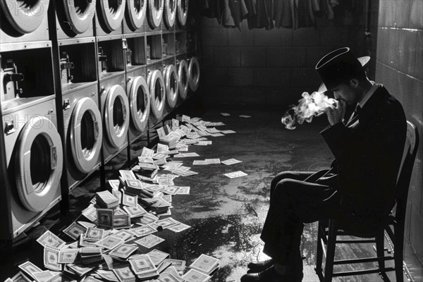 A man in an elegant suit sits relaxed on a chair, surrounded by washing machines and bundles of