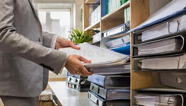 A hand reaches for a file folder on a well-stocked office shelf, symbolising bureaucracy, AI