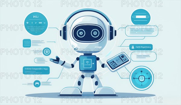 Cartoon robot with infographic elements on a friendly blue technology background, ai generated, AI