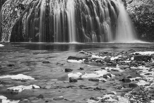 Stjornarfoss waterfall, near Kirkjubaejarklaustur, black and white photo, Sudurland, Iceland,