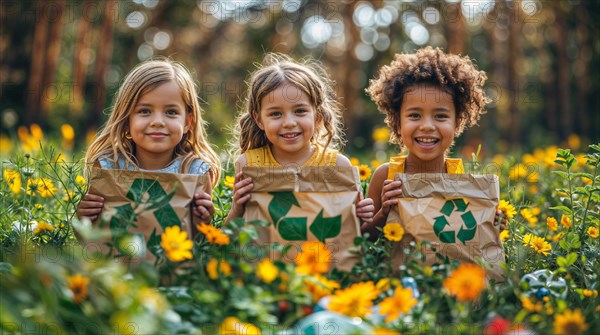 Three joyful children holding bags with recycling symbols surrounded by yellow flowers outdoors,