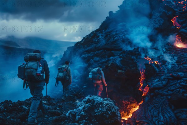 Tourists, hiking group, expedition, onlookers on the way to an active volcano, surrounded by hot,