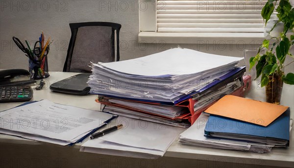 A messy desk with high piles of paper and office supplies, symbolism bureaucracy, AI generated, AI