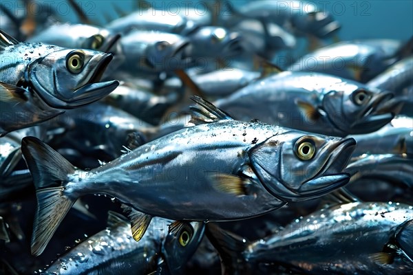 Silver sardines arrive in a dense school their silver scales shimmer under the light, AI generated,