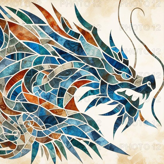 Fierce abstract mosaic of a dragon with geometric designs in cool and warm tones, square aspect, AI