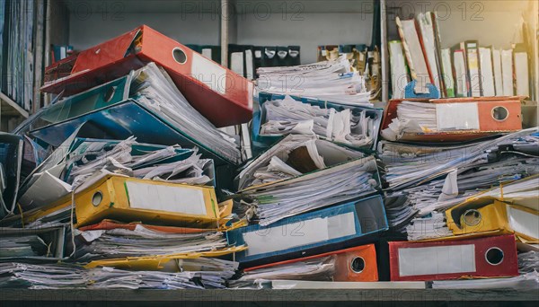 A jumble of overfilled folders and loosely stacked papers, symbol bureaucracy, AI generated, AI