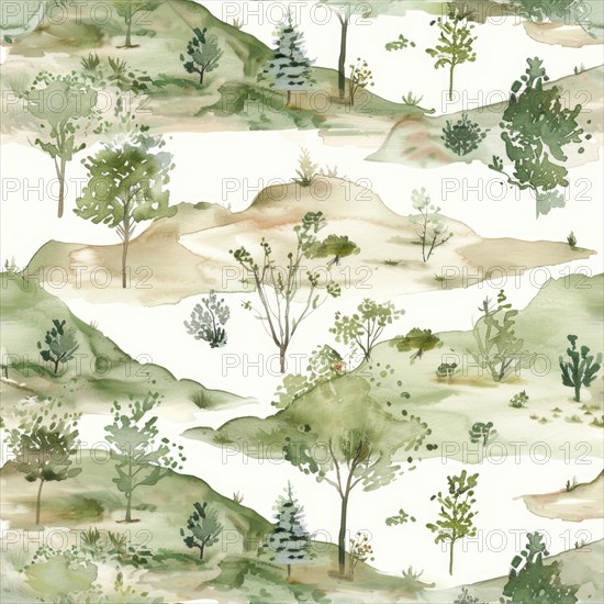 Landscape watercolor pattern with serene scenery and soft tones, abstract nature background,