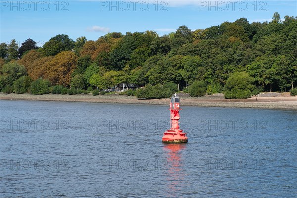 View over the Elbe beach in Hamburg harbour with buoy, Hanseatic City of Hamburg, Hamburg, Germany,