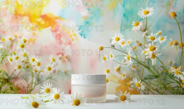 Blank cosmetic jar mockup placed on an elegant watercolor chamomile background, skin care and
