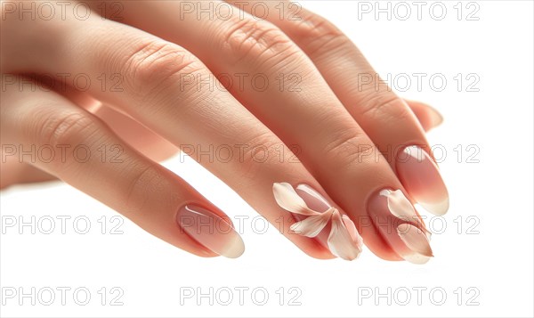 Close-up of a woman's hand with a neutral manicure, adorned with delicate flower petals AI
