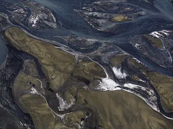 Overgrown river landscape, Eldhraun, near Kirkjubaejarklaustur, drone image, Sudurland, Iceland,