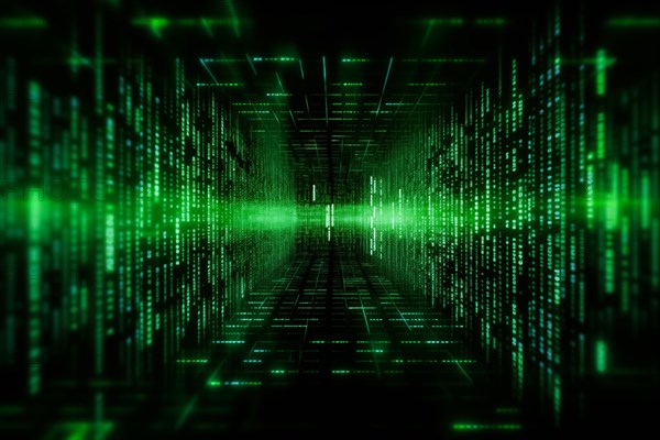 Green dynamic digital data streams, showcasing flowing lines of code in a mesmerizing pattern,
