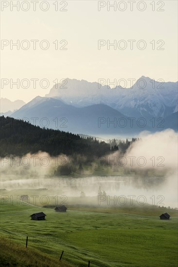 Sunrise and morning fog, Geroldsee or Wagenbruechsee, Kruen near Mittenwald, Werdenfelser Land,