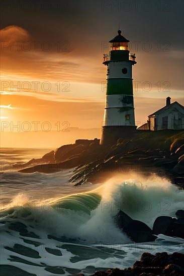 Lighthouse nestled against a vast ocean with waves rhythmically crashed onto the rocky shoreline,