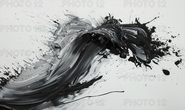 A brush glides across a white canvas. Black, gray and white dramatic strokes. Abstract background
