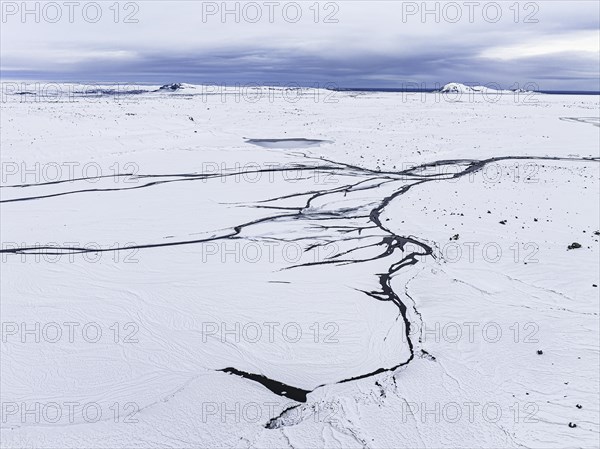 Overgrown river landscape, onset of winter, Fjallabak Nature Reserve, drone shot, Sudurland,