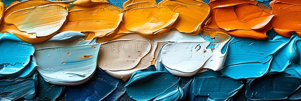 Layered oil paint in shades of orange, beige, and blue creating an abstract texture, banner 3:1
