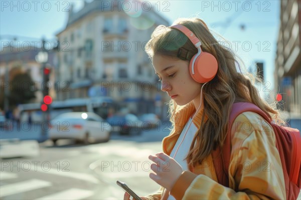 Schoolgirl with headphones looking at her smartphone on a busy street in a city, symbolic image for