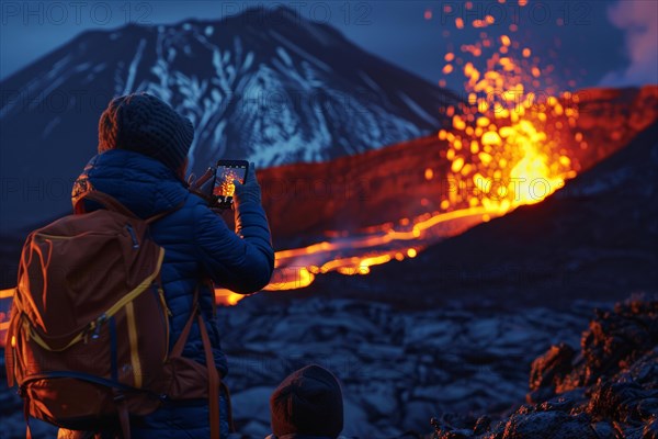 Tourists, onlookers photograph a spectacular volcanic landscape with liquid, partially cooled lava