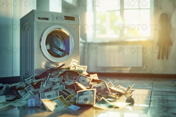 A mountain of banknotes lying in front of a washing machine, symbolising money laundering,