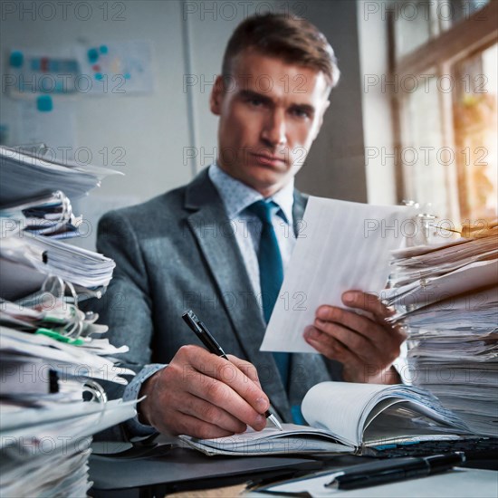 A serious businessman in a suit sits in an office surrounded by piles of paper, symbolism