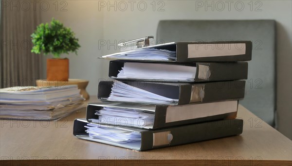 A pile of folders and documents organised on a desk in the office, symbolism bureaucracy, AI