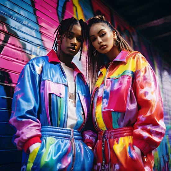 90s fashion collection including overall neon windbreakers tie dye shirts arrayed against a vibrant