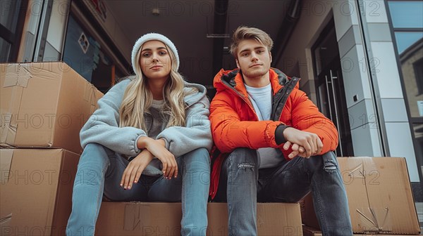 A young caucasian frustrated couple sitting among moving boxes, symbolizing relocation or move to a