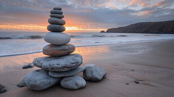 Balanced rock tower on a beach against a sunset backdrop, image depicting relaxation, recreation,