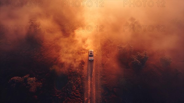 A car driving through a dense, surreal forest haze caused by a nearby fire under an orange sky,