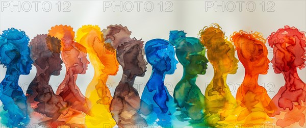 A watercolor gradient of multiple silhouettes from blue to red representing diversity, banner 3:1