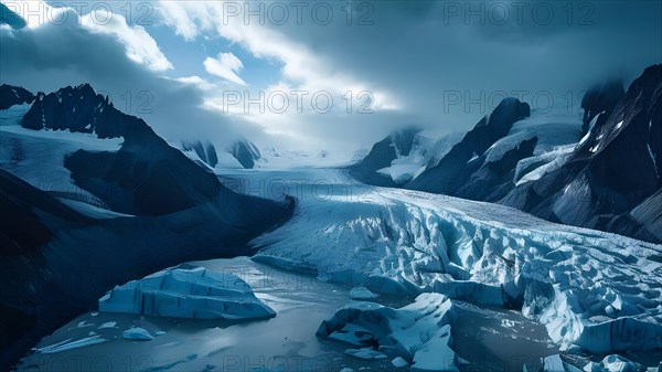 Glacier fractures embracing the deep crevasses indicative of rapid melting under a subdued sky, AI
