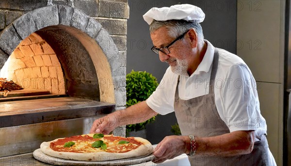 Pizza baker in Naples, Italy, preparing a pizza, in front of the pizza oven, AI generated, AI