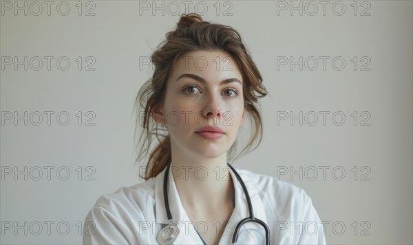 A healthcare worker in a white coat stands against a plain backdrop, looking contemplative AI