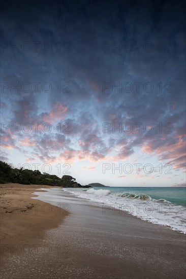 Lonely, wide sandy beach with turquoise-coloured sea. Tropical plants in a bay at sunset in the