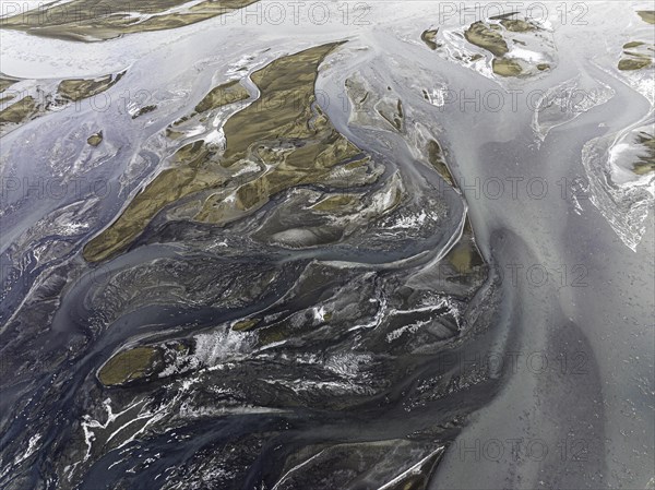 Overgrown river landscape, Eldhraun, near Kirkjubaejarklaustur, drone image, Sudurland, Iceland,
