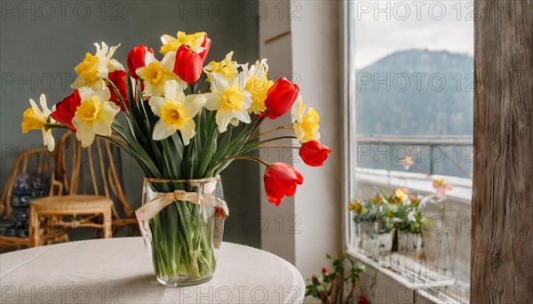 A large bouquet of yellow daffodils and red tulips in a vase stands on the table in the flat, AI