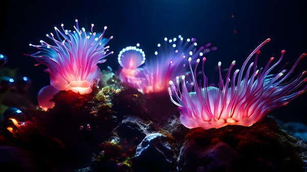 Bristle worms bioluminescent bodies floating in deep ocean, AI generated, deep sea, fish, squid,