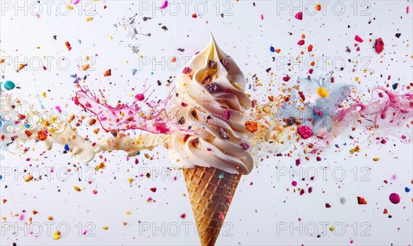 Ice cream cone explosion on white background AI generated