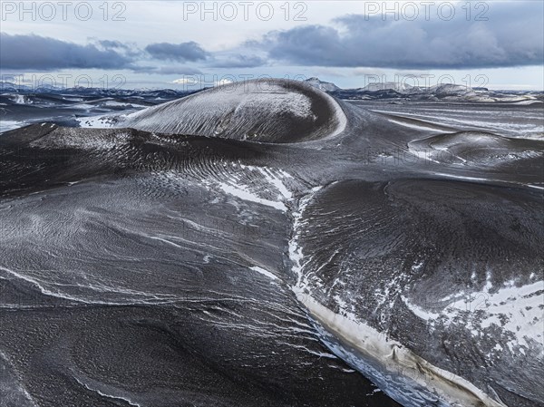 Overgrown river landscape and volcanic landscape, drone shot, Fjallabak Nature Reserve, Sudurland,