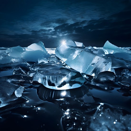 Ice chunks floating in dark oil slicked water showing the impact of oil spills on polar regions, AI