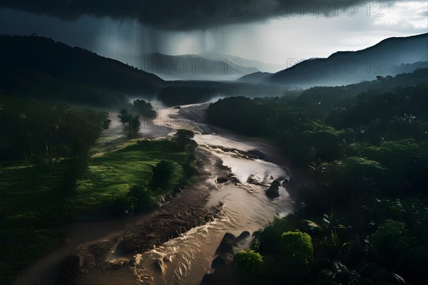 Heavy rainfall pouring on an already saturated ground leading to mudslides captured in a stormy