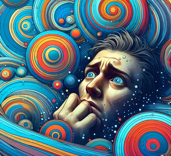 A man has delusions in his head, symbolic image intoxication, narcotic, drug, drug use, fantasies,
