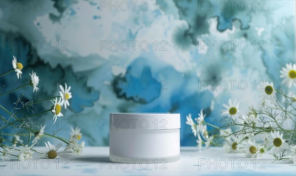Blank cosmetic jar mockup placed on an elegant watercolor chamomile background, skin care and