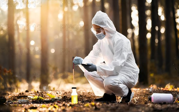 Securing evidence at a crime scene in the forest, KTU, forensic investigation by the criminal
